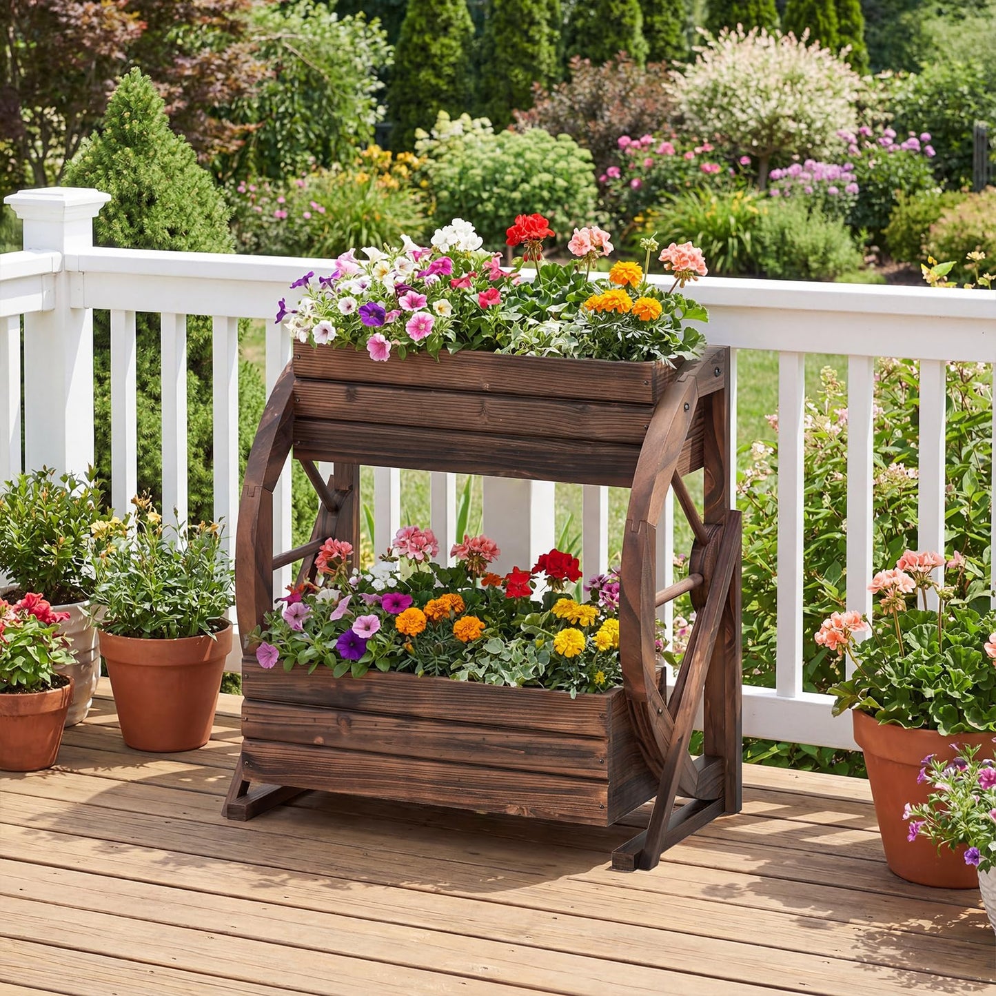 Wood Wagon Planter Box, 2-Tier Rustic Raised Garden Bed with Drainage Holes