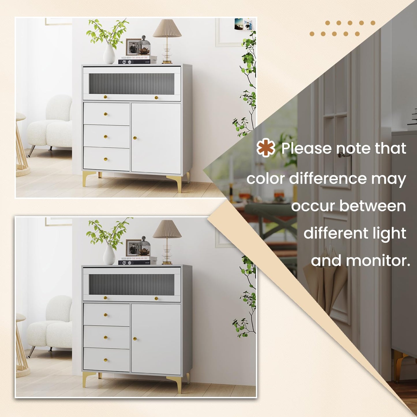 Giantex Wooden Chest of Drawers 3-Drawer Dresser Storage Cabinet with Flip Up Fluted Glass Door & Adjustable Shelf