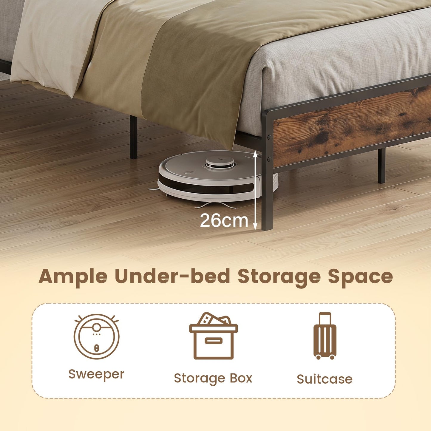 Industrial Metal Platform Bed with LED Lights and Power Outlet