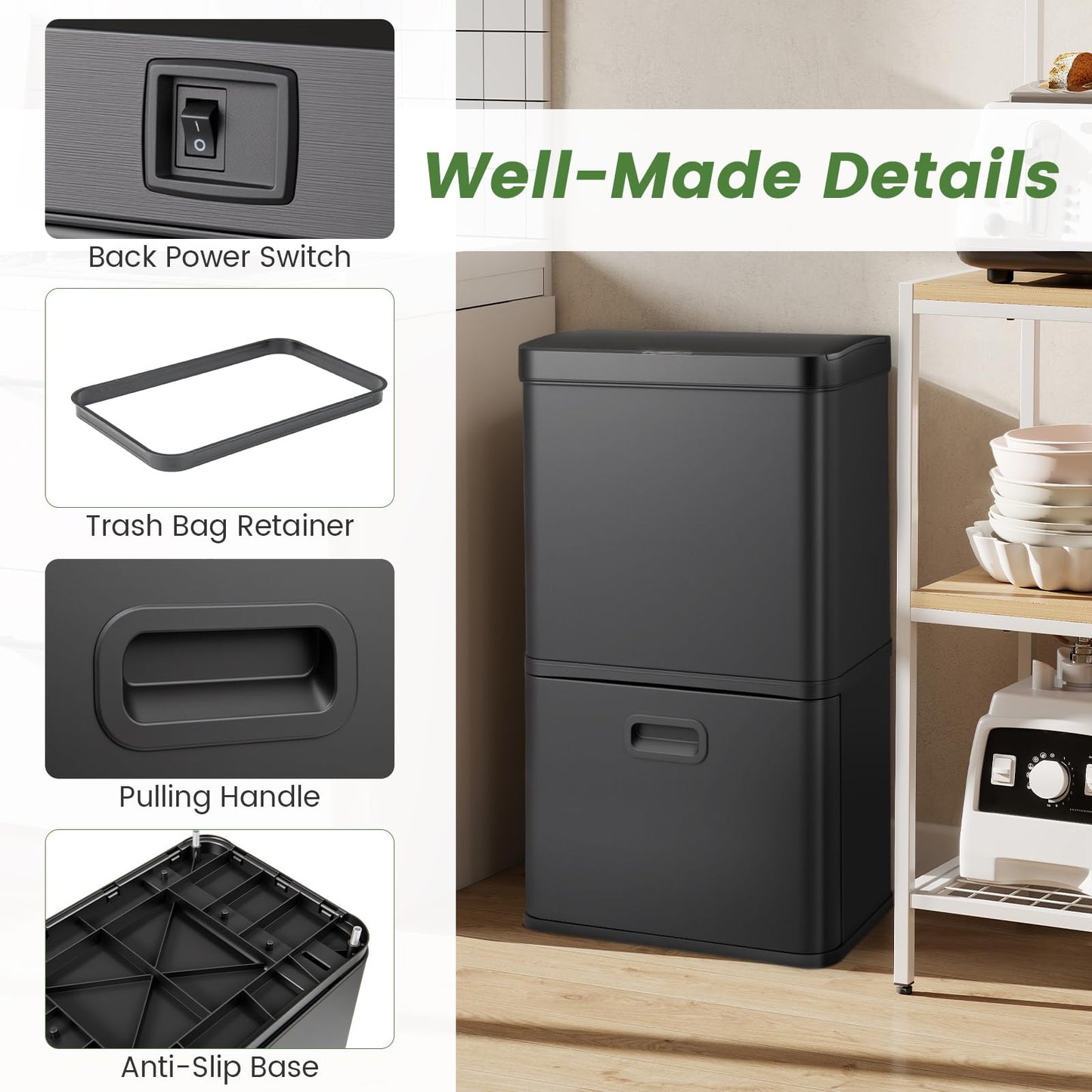 56L Stainless Steel Trash Can Touchless Recycling Garbage Bin