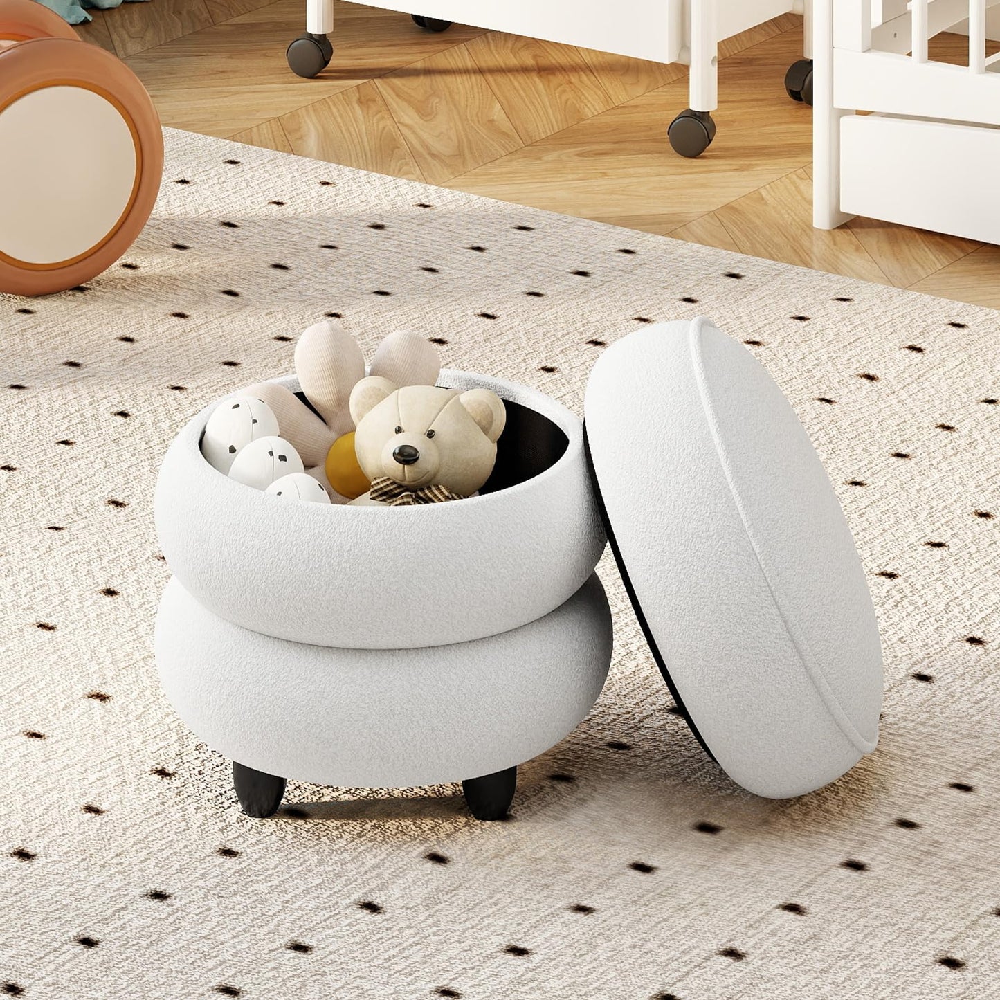 Modern Round Storage Ottoman with Removable Lid and Rubberwood Legs