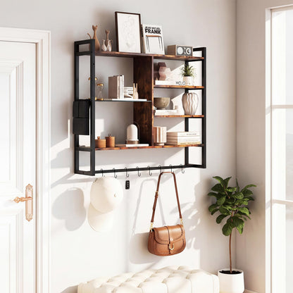 107 CM Industrial Floating Shelves 6-Tier Wall Mounted Shelf with 8 S-Hooks