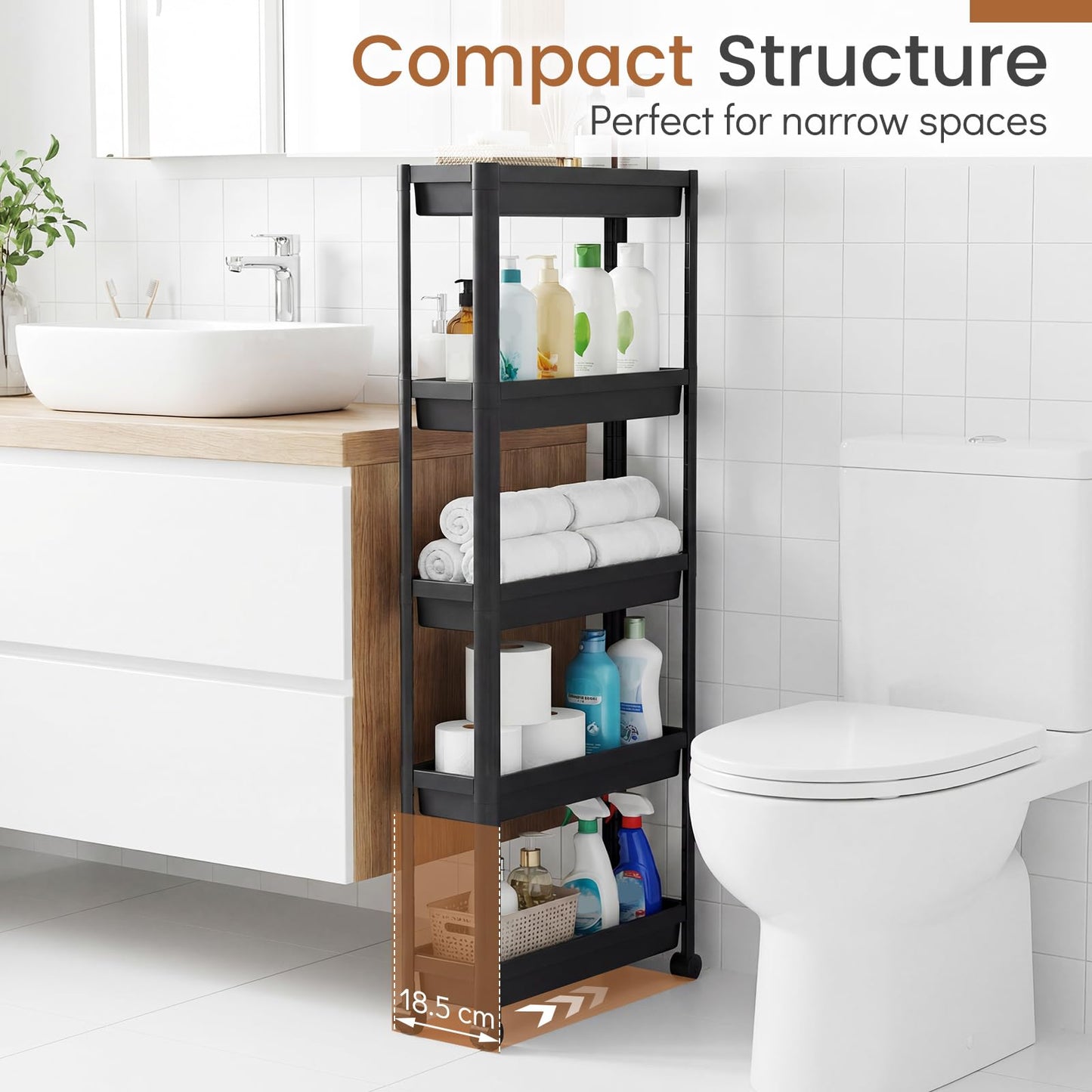 5-Tier Slim Rolling Storage Cart with Smooth Wheels for Kitchen