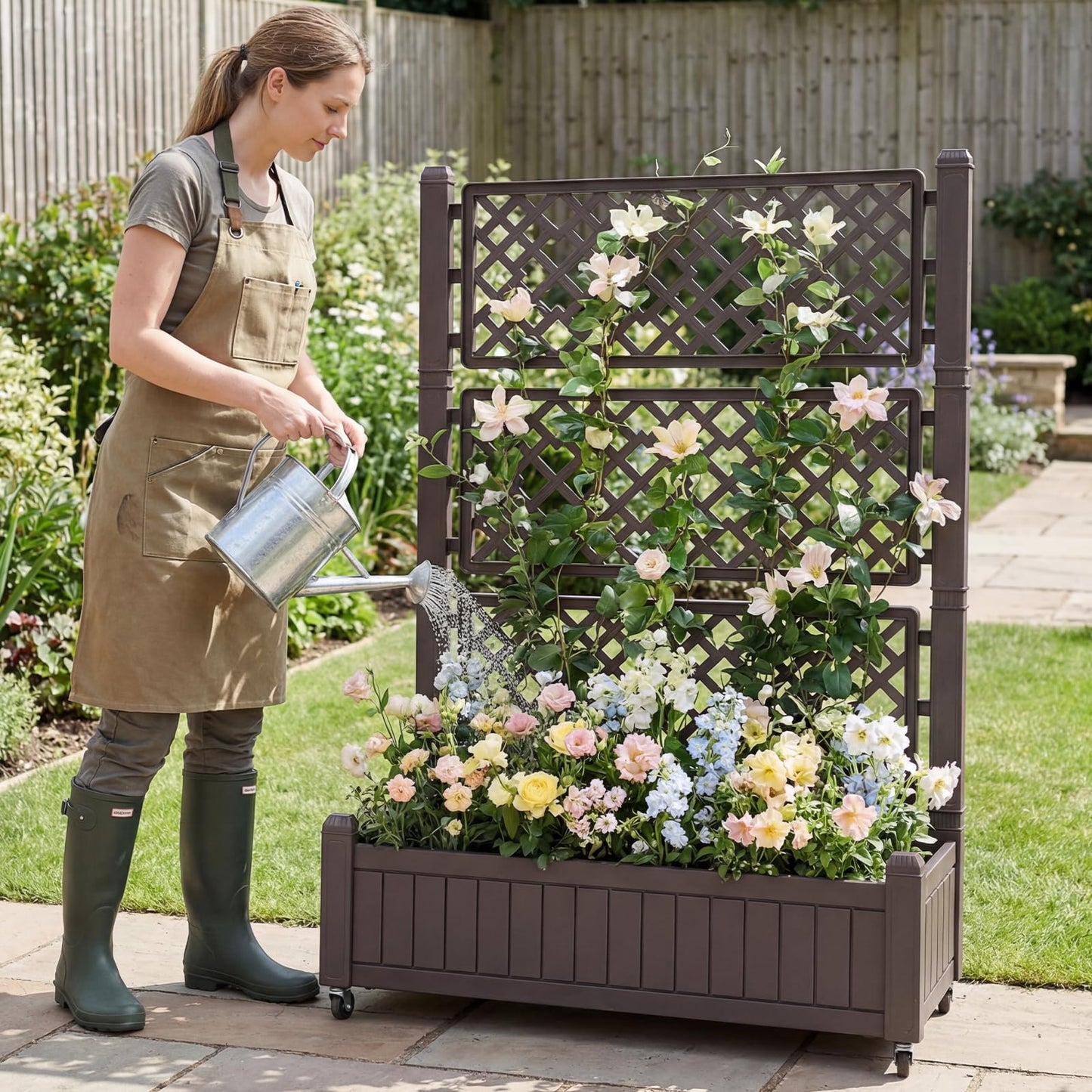 Raised Garden Bed with Trellis, Mobile Planter Box with Drainage Plug & Gauge