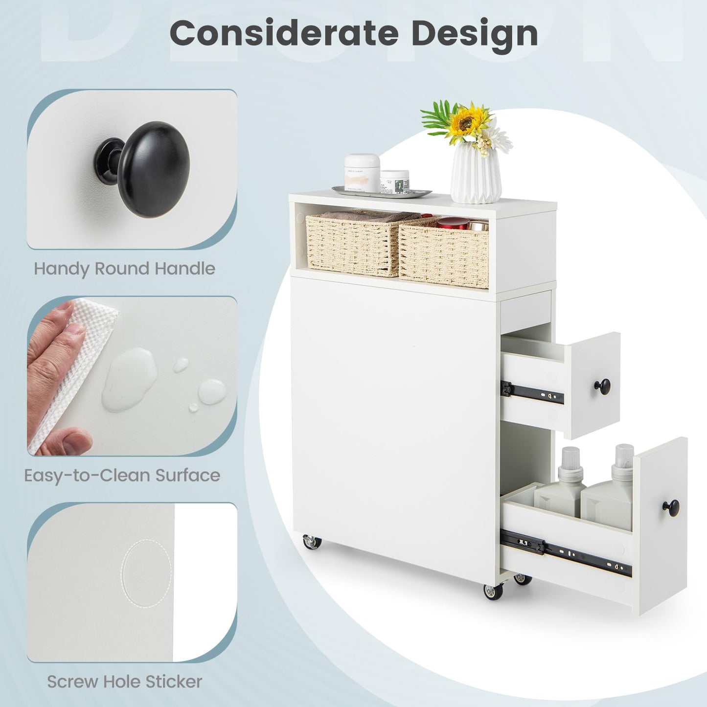 Mobile Narrow Bathroom Storage Unit with 2 Slide Out Drawers
