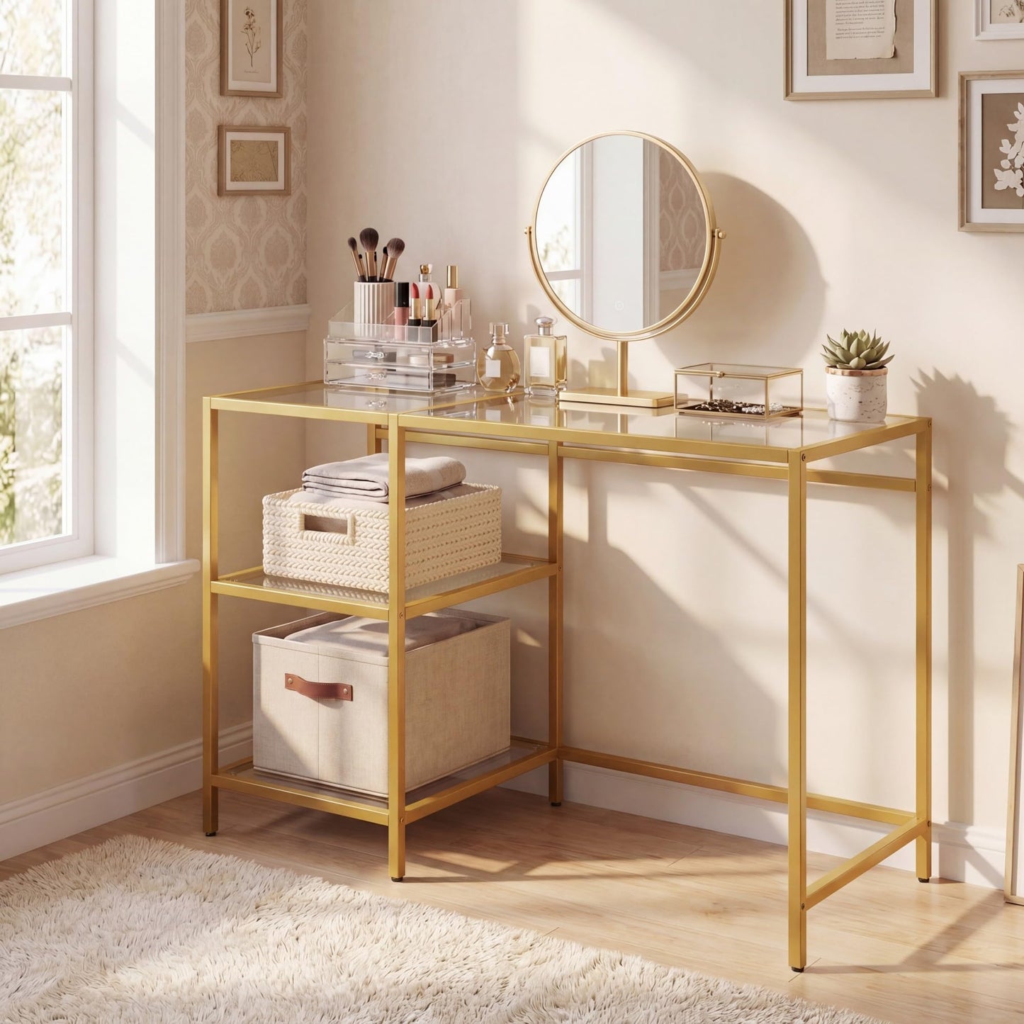 Tempered Glass Computer Desk Modern Office Desk with Open Storage Shelves