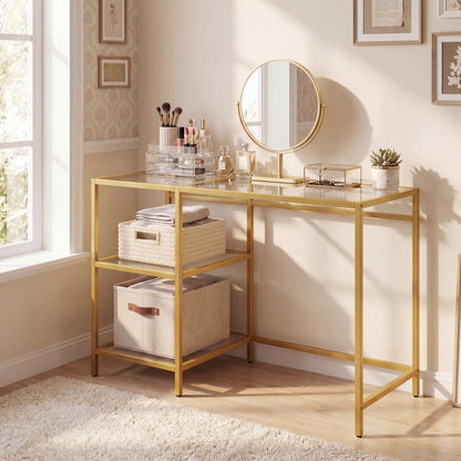 Tempered Glass Computer Desk Modern Office Desk with Open Storage Shelves