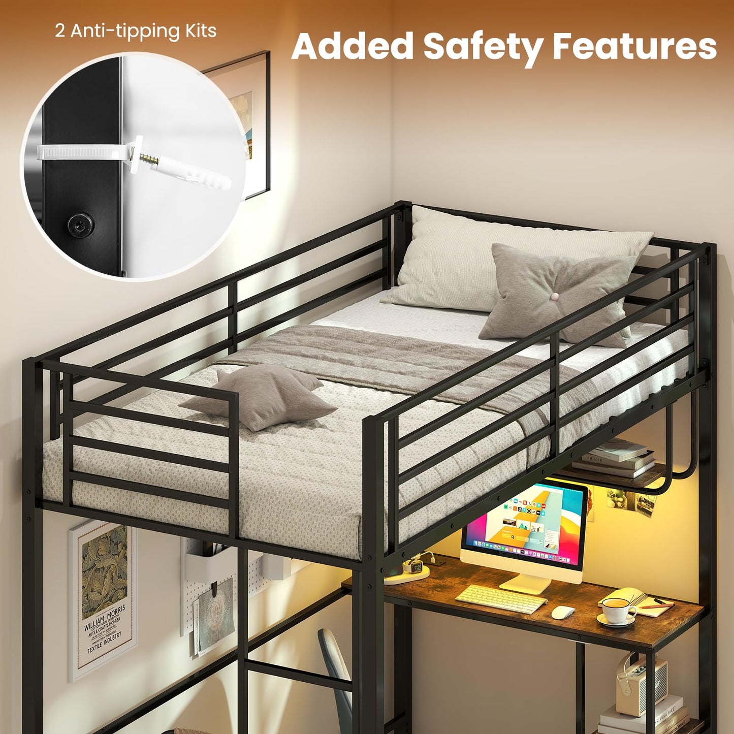Metal Bunk Bed with Desk, RGB LED Lights, Charging Station