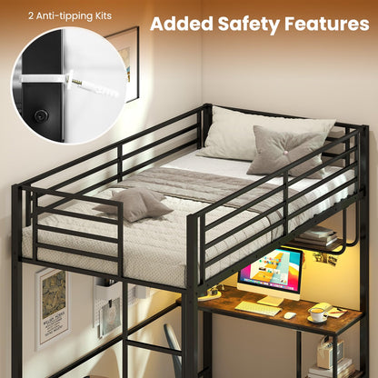 Metal Bunk Bed with Desk, RGB LED Lights, Charging Station