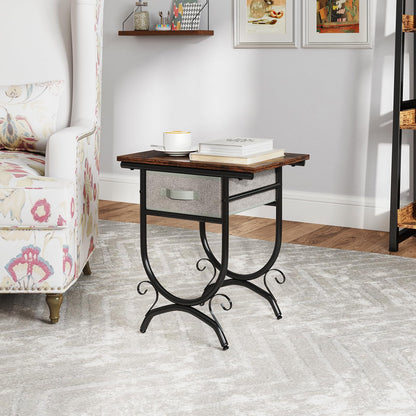 2 Tier Industrial Bedside Table with Fabric Drawer and Wood Top