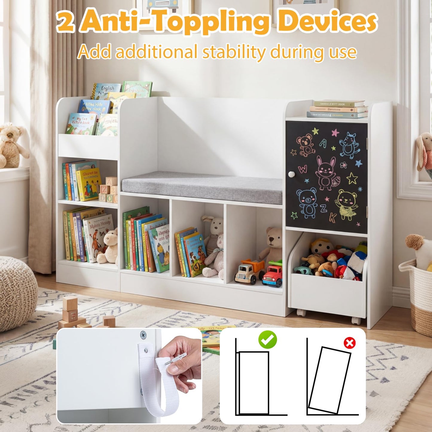 Kids Bookcase and Bookshelf with Reading Nook Toy Storage Organizer with Padded Seat Cushion