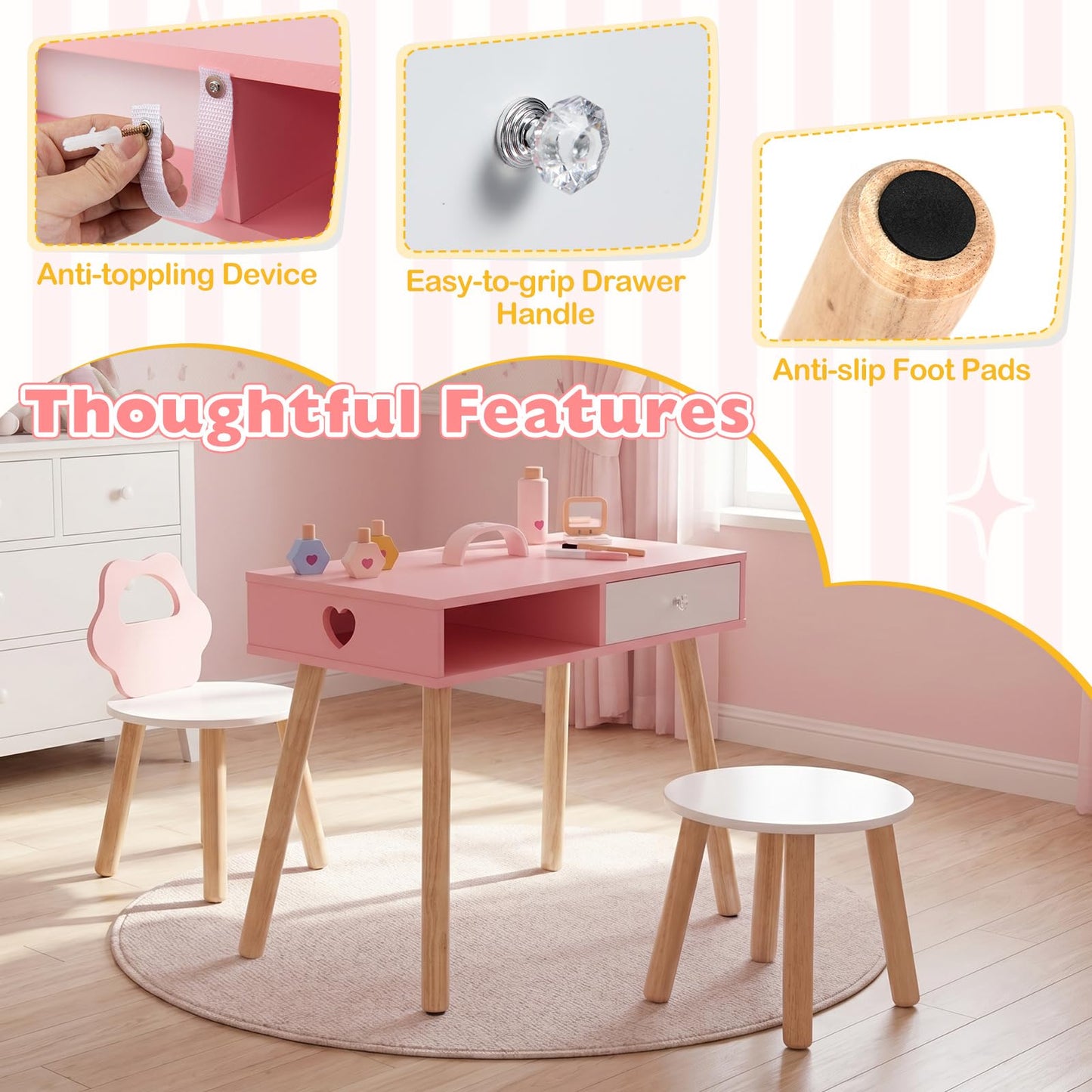 Kids Pretend Nail Salon Playset with Chair and Stool Wooden Toddlers Makeup and Manicure Kit