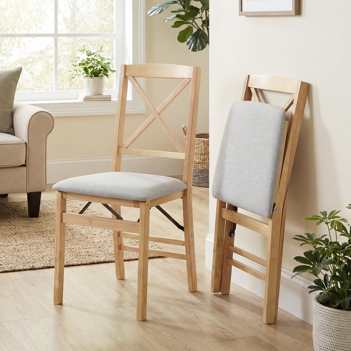 Padded Folding Chair Set of 2/4, Rubber Wood Counter Dining Chairs with Backrest