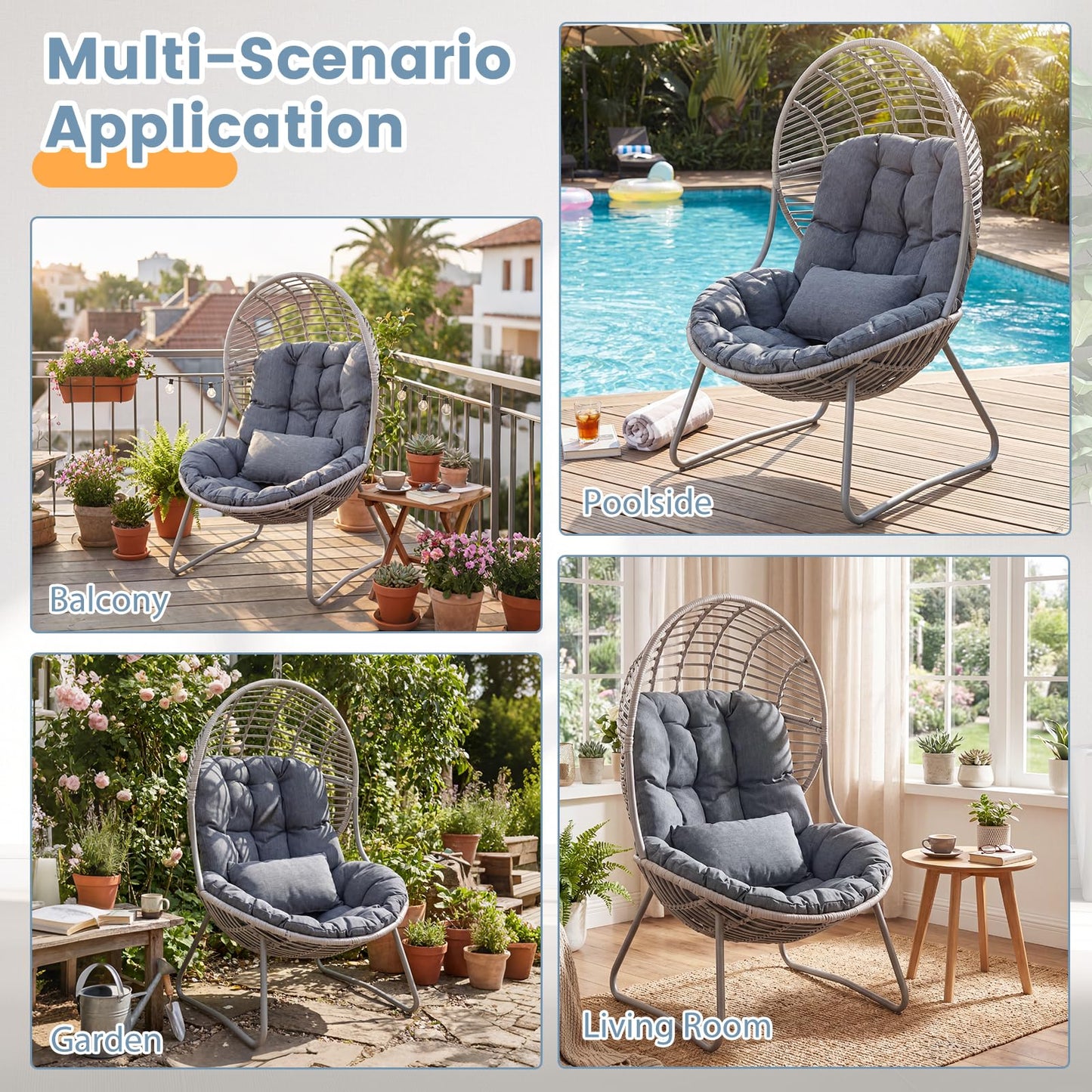 PE Wicker Egg Chair with Removable Seat and Back Cushion for Indoor Outdoor