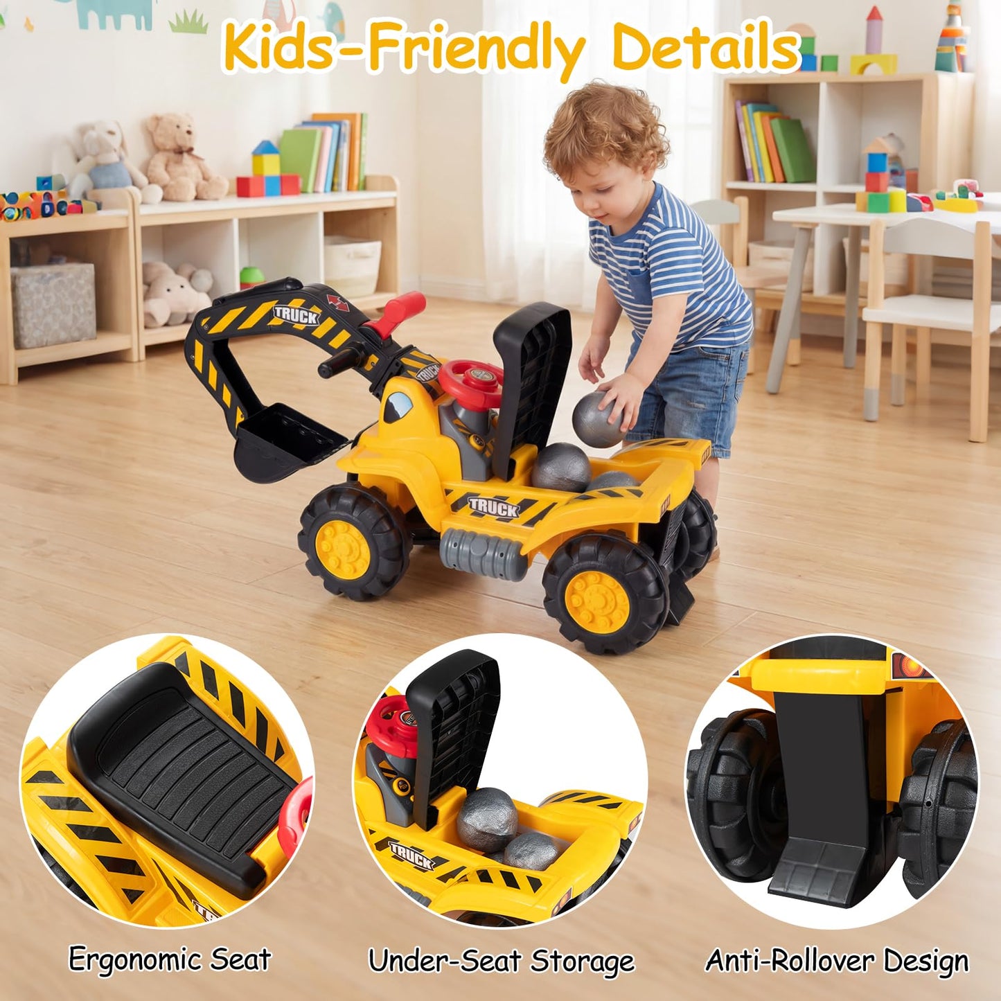 3-in-1 Ride on Excavator Bulldozer, Kids Foot-to-Floor Push Car