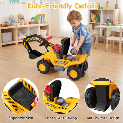 3-in-1 Ride on Excavator Bulldozer, Kids Foot-to-Floor Push Car