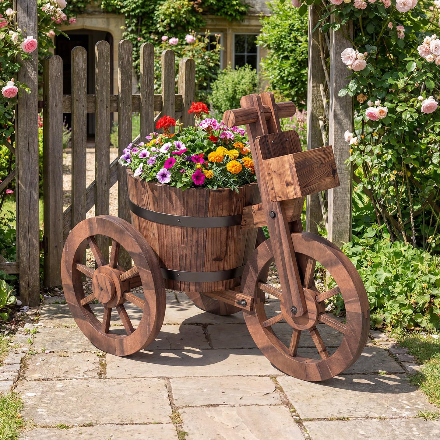 Wooden Wagon Planter, Tricycle Garden Planter with Drainage Hole