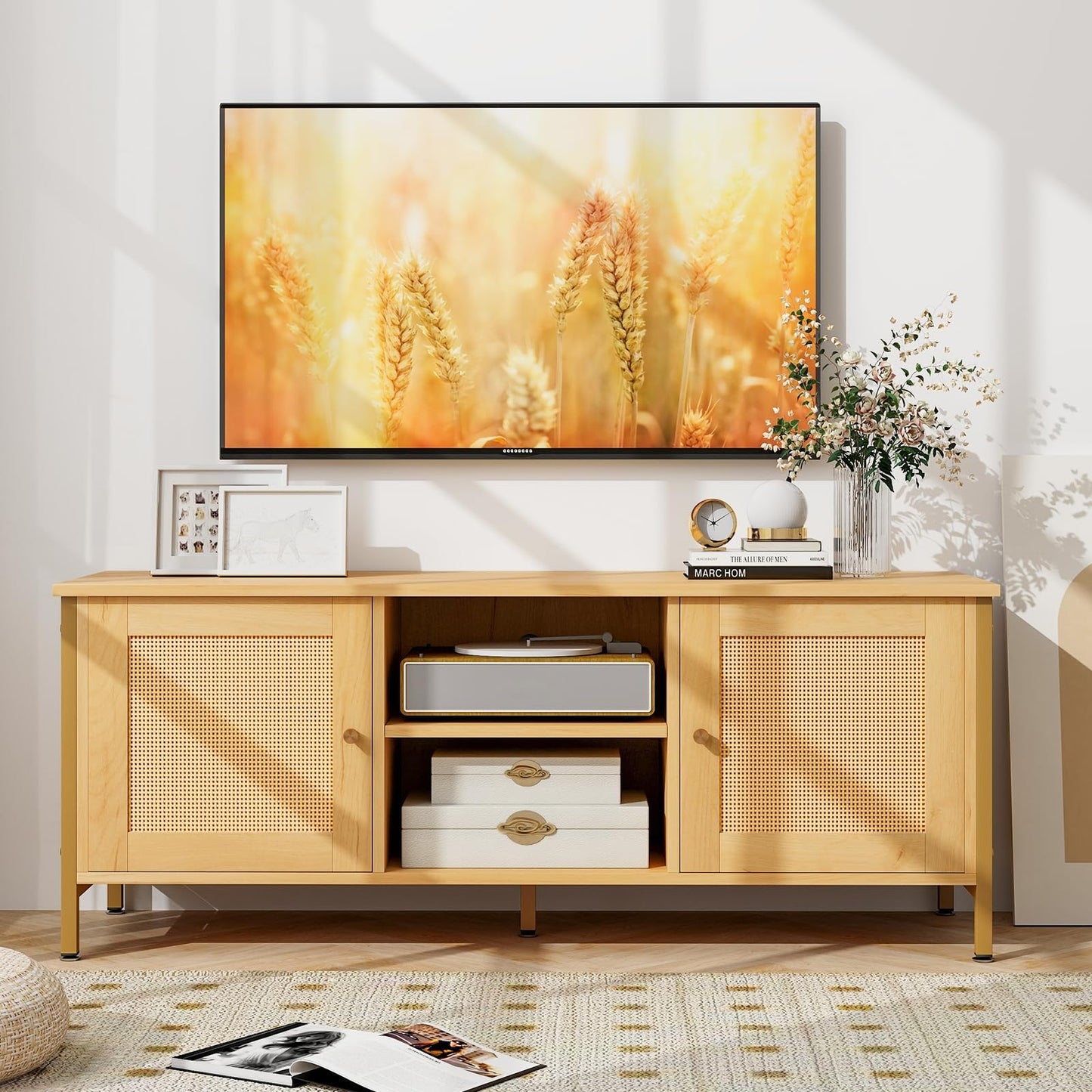 Boho TV Stand Media Console Table with 2 Cabinets and Open Shelf