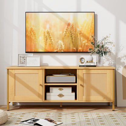 Boho TV Stand Media Console Table with 2 Cabinets and Open Shelf