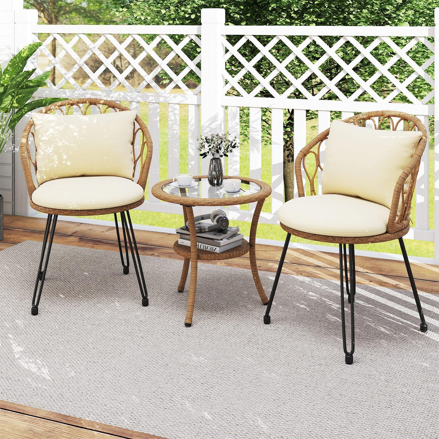 3 Pieces PE Wicker Patio Bistro Set with Cushions for Porch