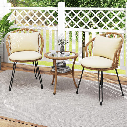 3 Pieces PE Wicker Patio Bistro Set with Cushions for Porch