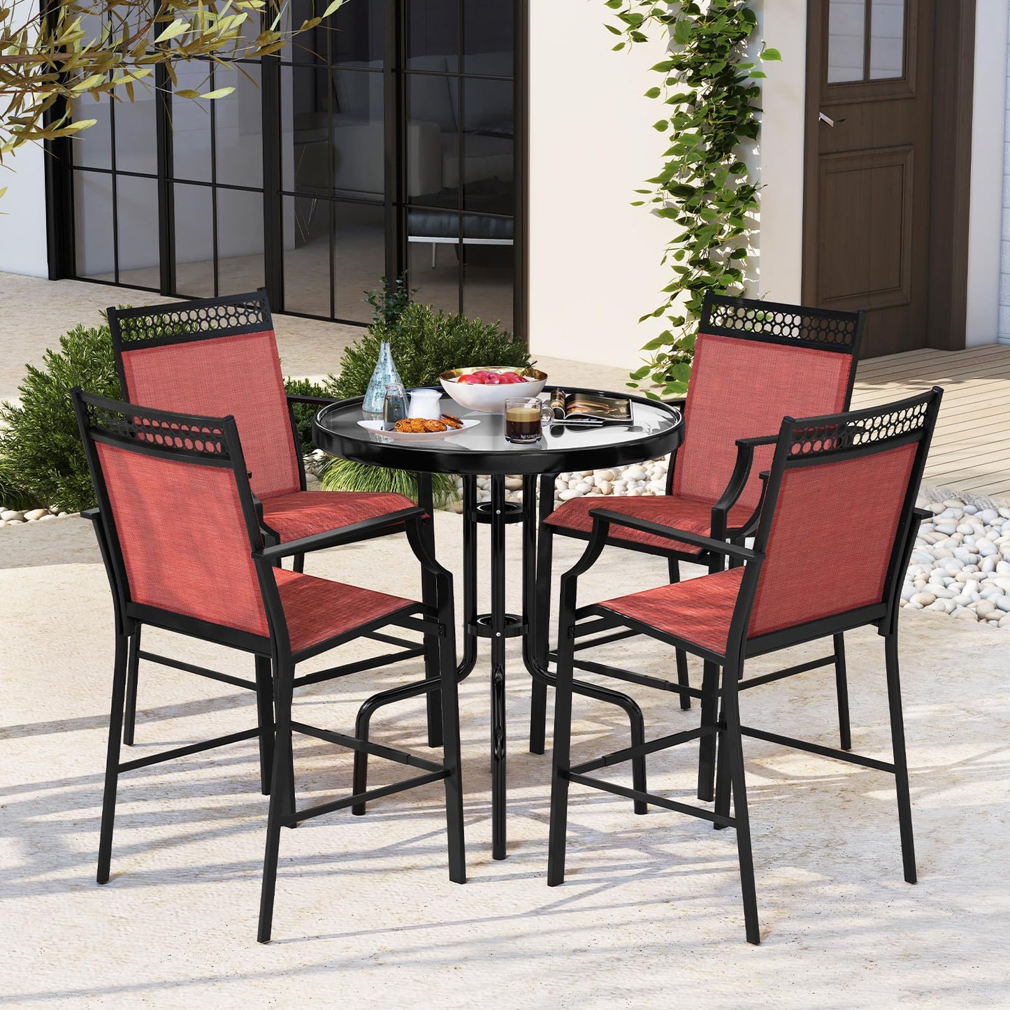 Fabric Outdoor Bar Stools Set of 2 with High Back Armrests & Footrest
