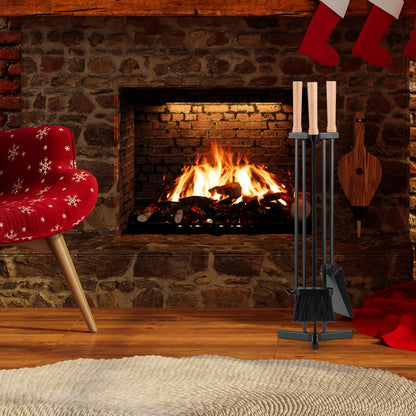4-Piece Metal Fireplace Tools Set with Wood Handle and Base Stand Holder