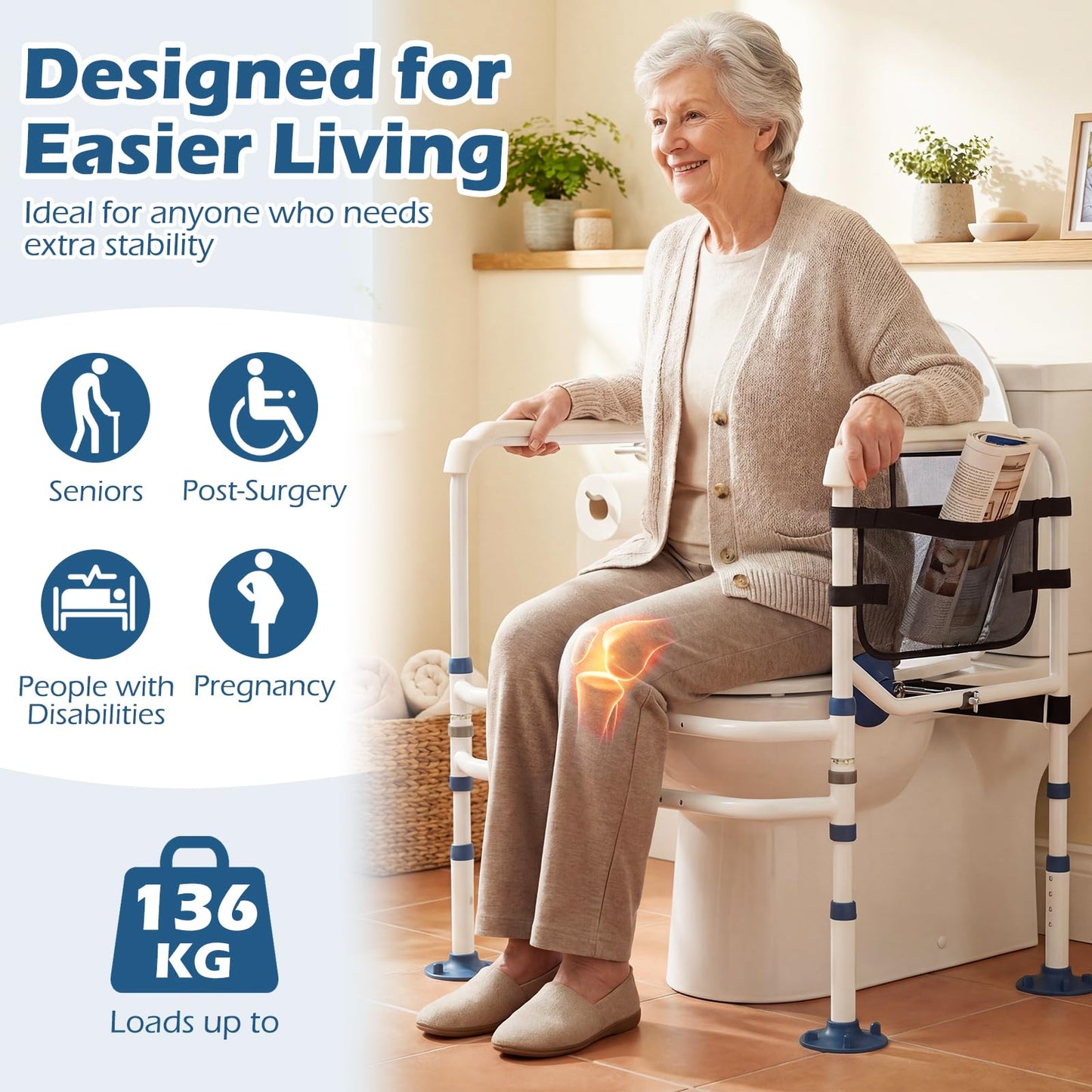 Adjustable Height and Width Toilet Safety Rails with Non-Slip Grip and Suction Legs