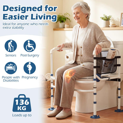 Adjustable Height and Width Toilet Safety Rails with Non-Slip Grip and Suction Legs