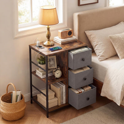 Side Table with Charging Station, Industrial Nightstand Bedside Cabinet