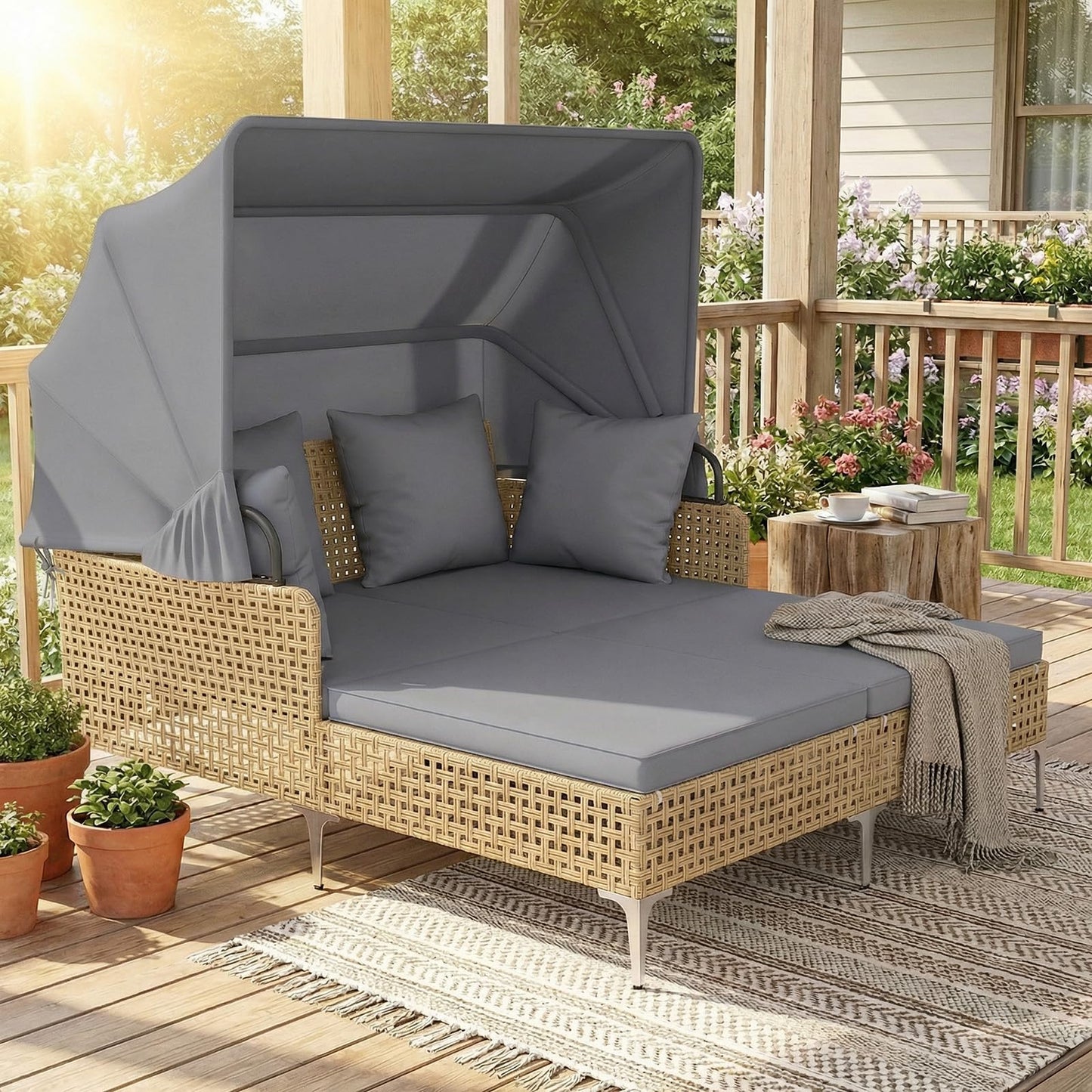 Garden Rattan Daybed, Patio Double Chaise Lounger Sun Bed with Retractable Canopy