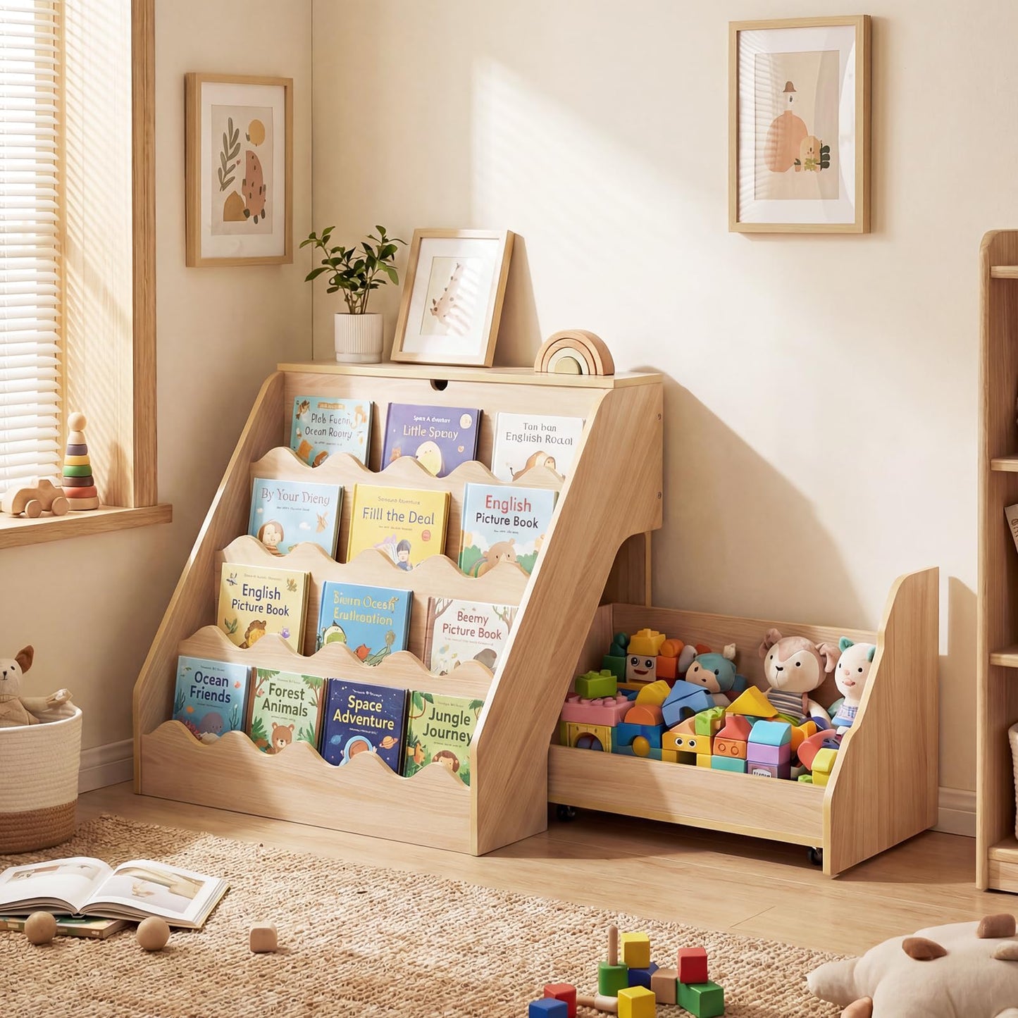 Kids Bookshelf, Wooden Toddler Book Toy Storage Organizer