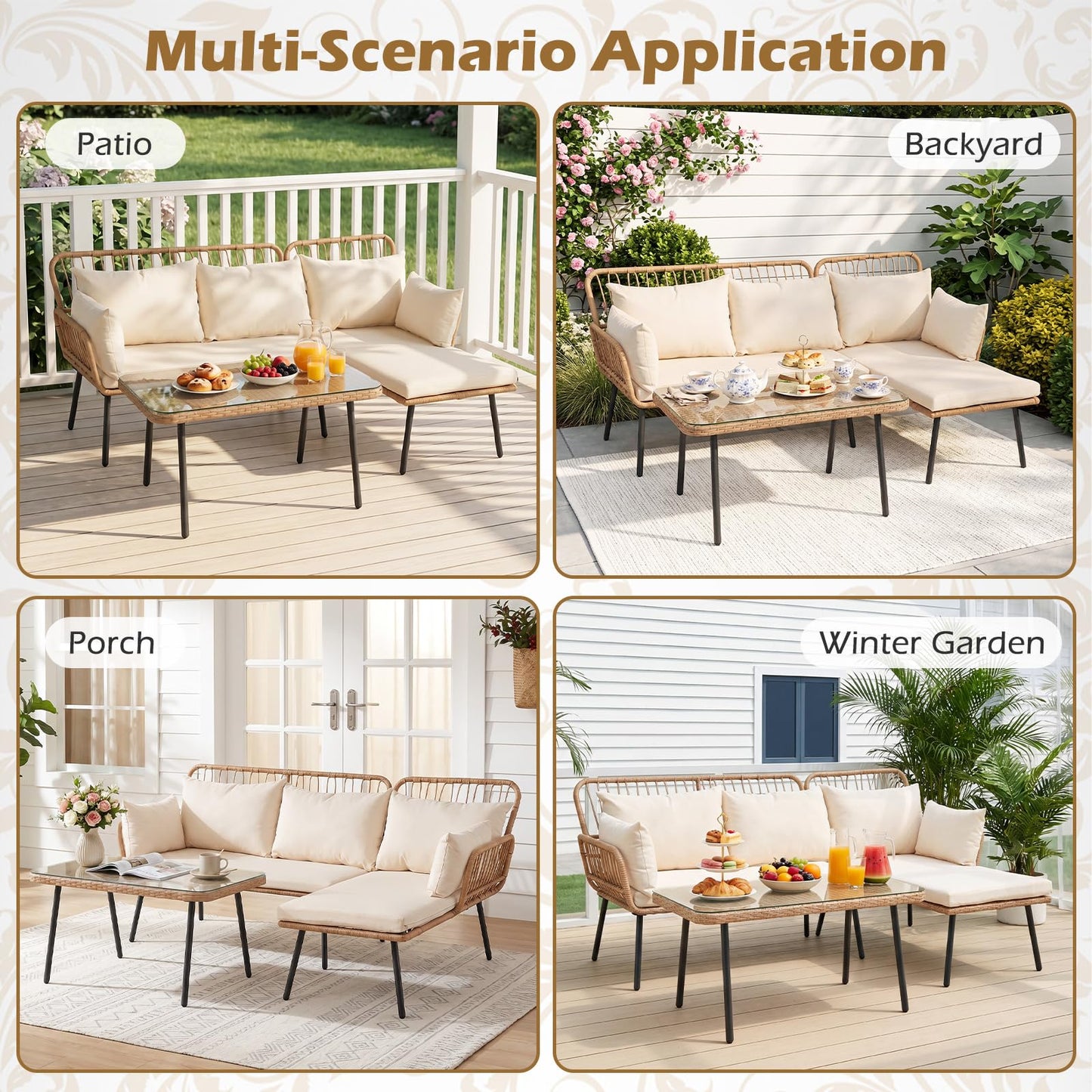 3-Piece Patio Furniture Set with Coffee Table and L-Shaped Sectional Sofa