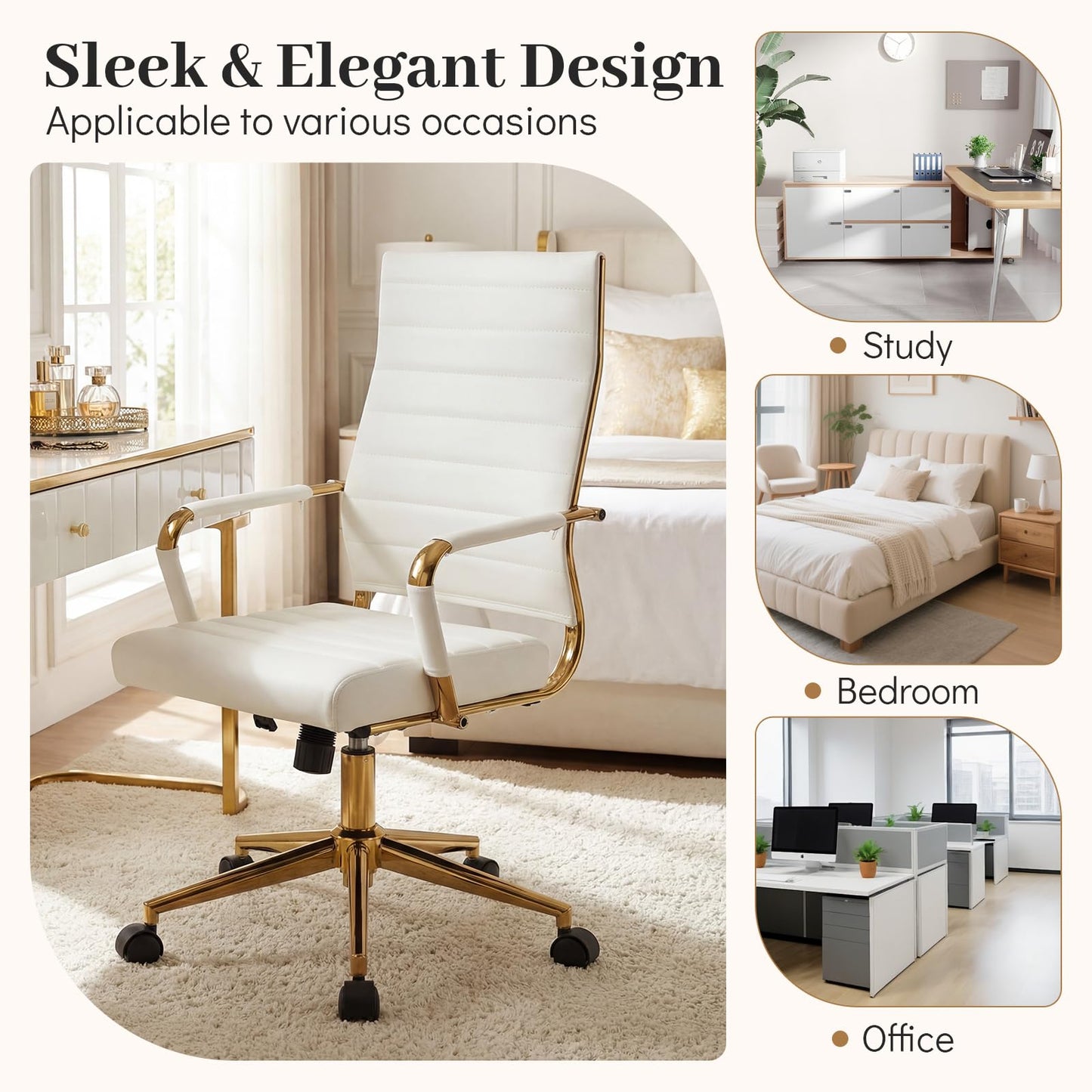 White Gold Office Chair with Ribbed PU Leather & Adjustable Backrest for Indoor
