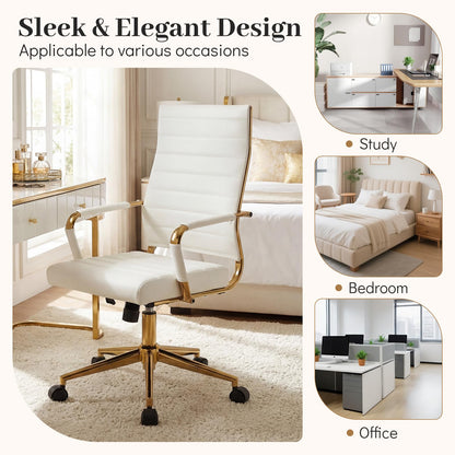White Gold Office Chair with Ribbed PU Leather & Adjustable Backrest for Indoor