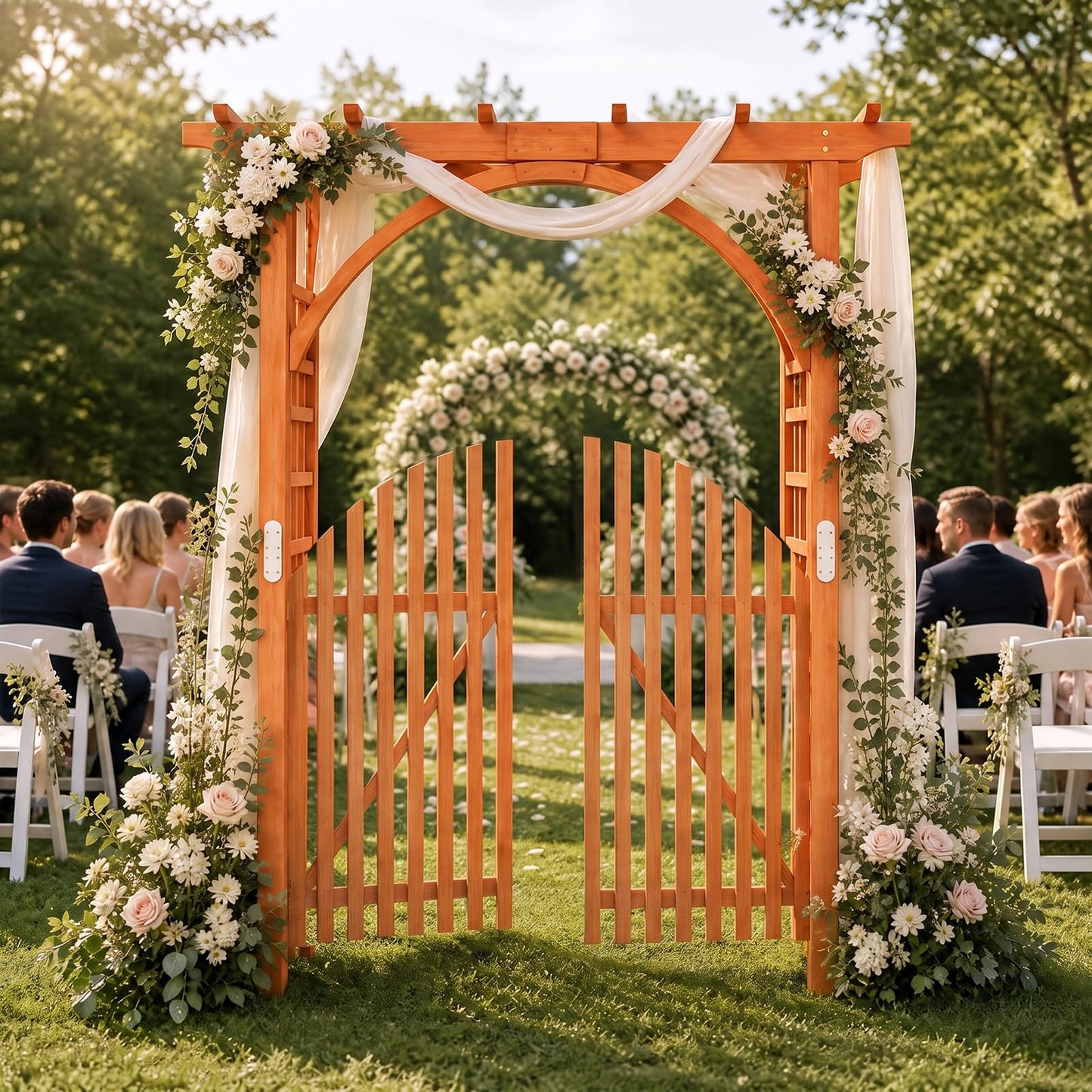 Wooden Garden Arch with Gate, Trellis Panels & Lockable Doors