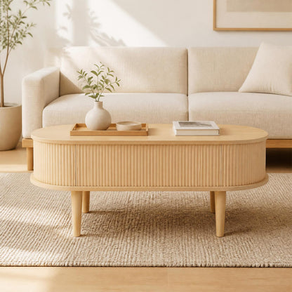 Oval Lift Top Coffee Table with Storage Fluted Design and Raised Wood Feet
