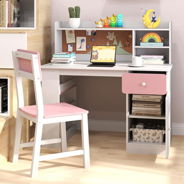 Kids Desk and Chair Set with 3-Tier Shelf and Drawer