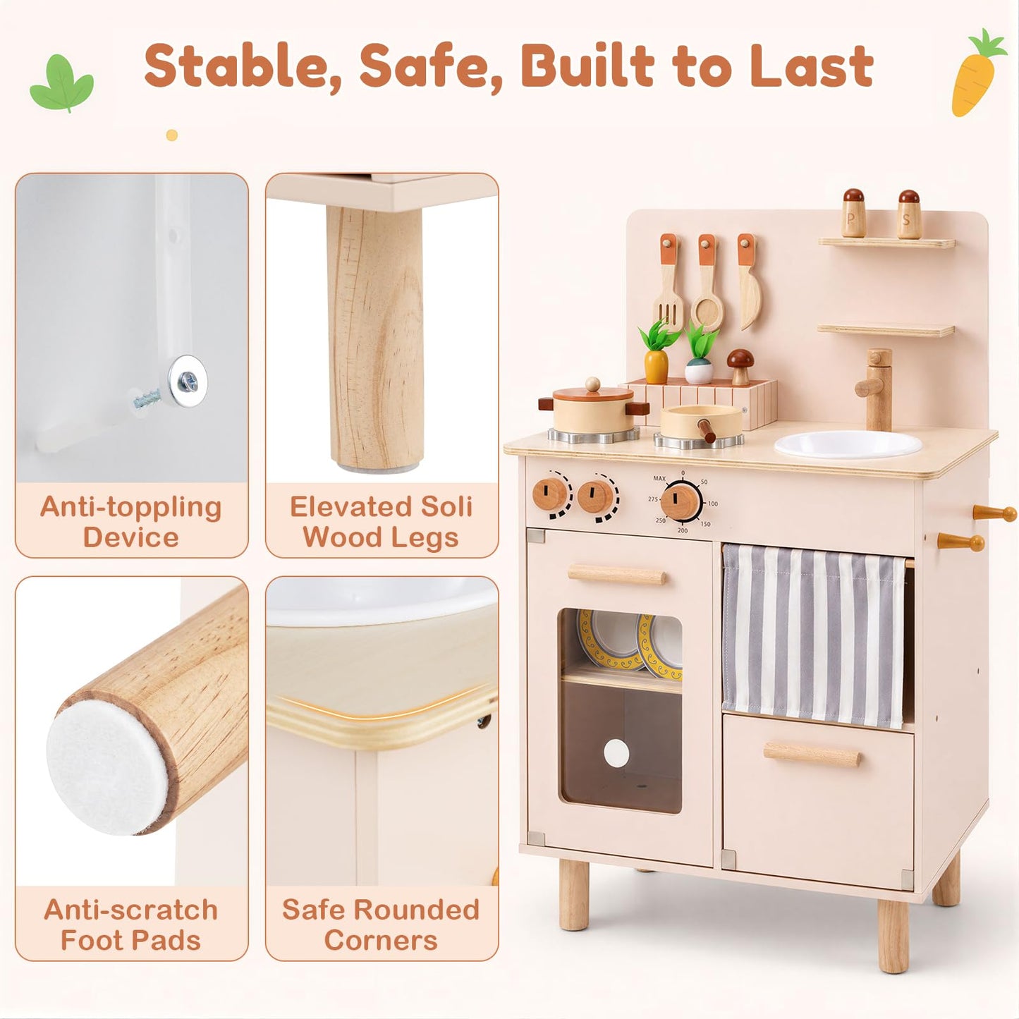 Kids Play Kitchen, Wooden Toy Kitchen with Stoves