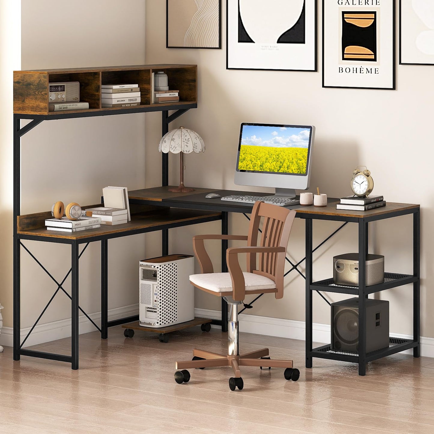 L-Shaped Computer Desk with Storage Hutch, 158 x 123 cm Reversible Study Writing Workstation