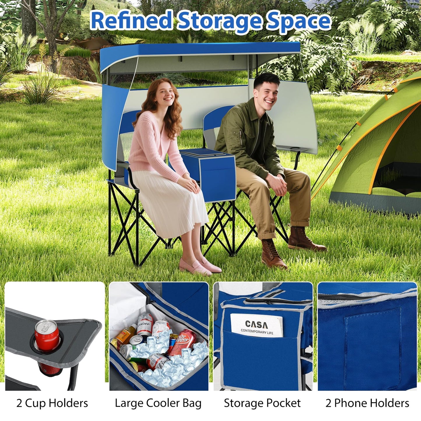 Outdoor Portable Double Folding Camping Chair with Roll-up Shade
