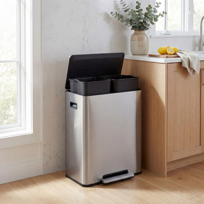 60L Trash Can Stainless Steel Garbage Can with 2 Removable Inner Buckets