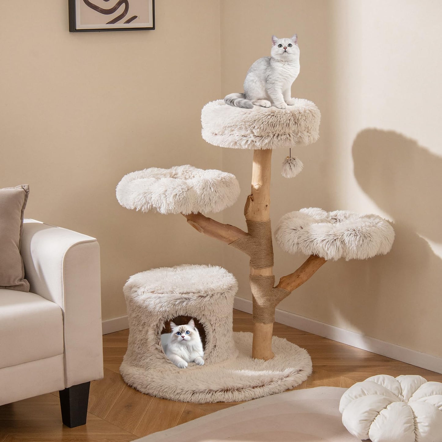 102 CM Tall Real Wood Branch Kitten Tower with Condo and 2 Flower Platforms