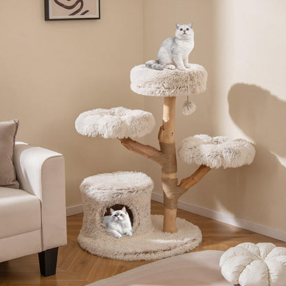 102 CM Tall Real Wood Branch Kitten Tower with Condo and 2 Flower Platforms