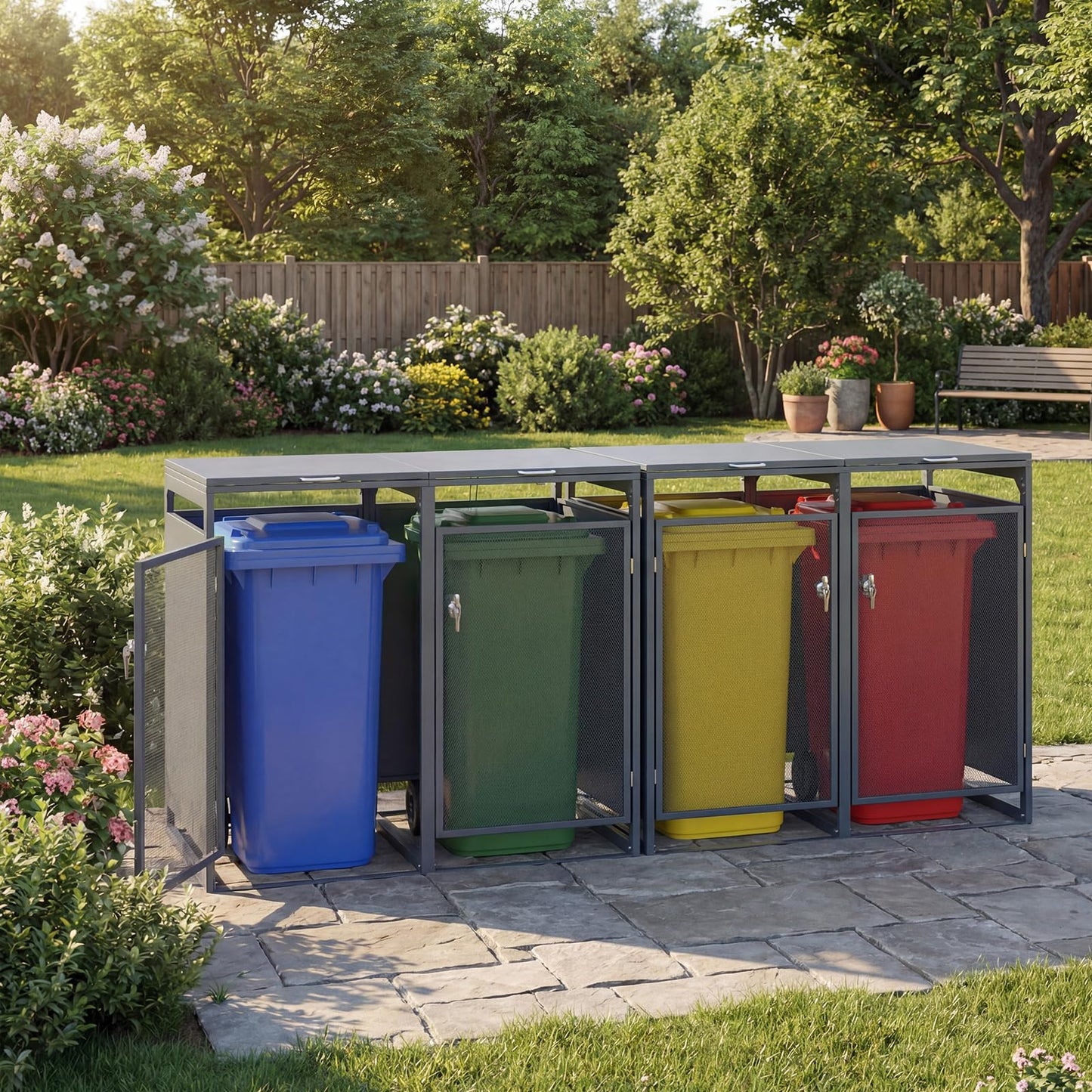 Double Wheelie Bin Storage, 240L Metal Garden Bin Hideaway with Gas Struts