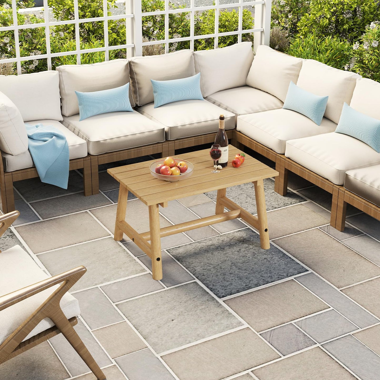 Outdoor Rectangle Coffee Table Solid Wood Patio Table with Slatted Tabletop for Garden Lawn