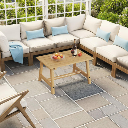 Outdoor Rectangle Coffee Table Solid Wood Patio Table with Slatted Tabletop for Garden Lawn
