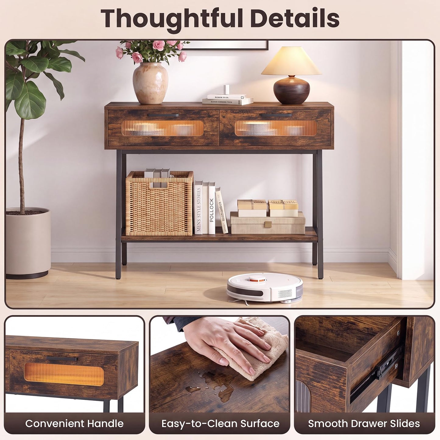 2-Tier Farmhouse Console Table with Colorful LED Lights and Open Shelf