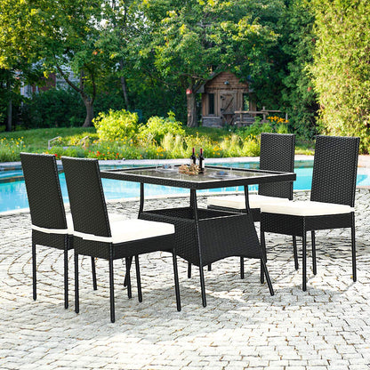 5 pcs Wicker Garden Table and Chairs Set with Tempered Glass Top & Removable Cushions