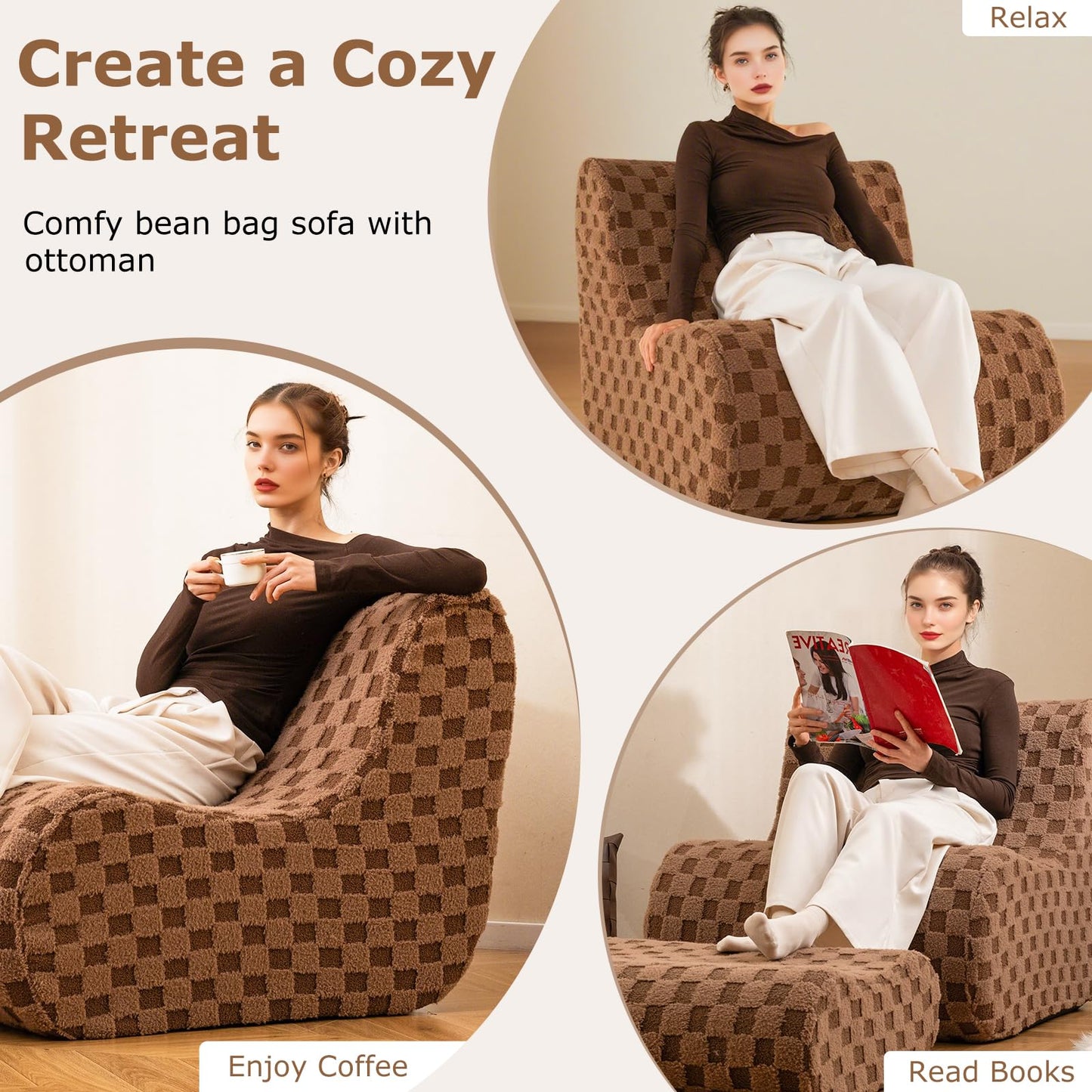 Bean Bag Chair with Ottoman Accent Lazy Sofa Chair Set